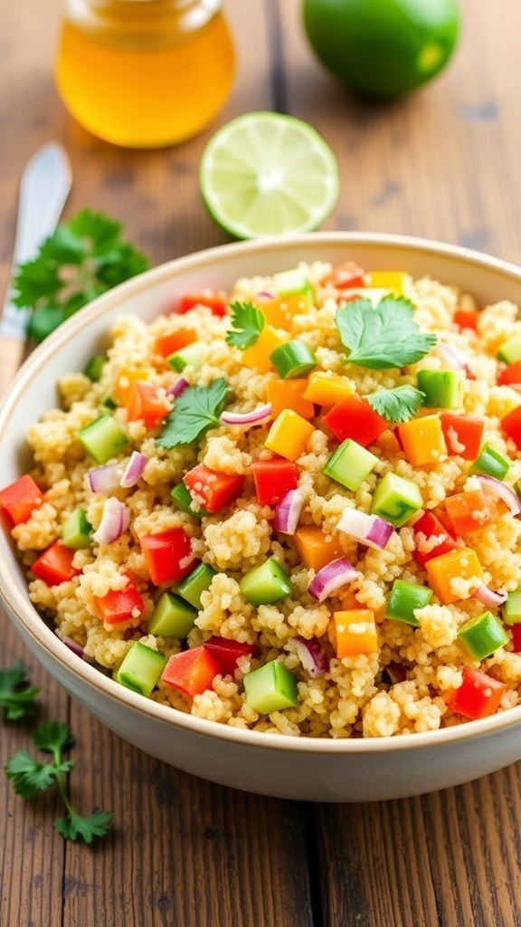 A colorful quinoa salad with bell peppers, cucumbers, and red onion, drizzled with honey-lime dressing, on a rustic table.